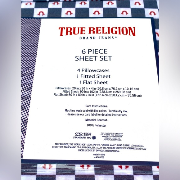 True Religion Blue Red White Plaid Polyester QUEEN Sheet Set 6pc - Picture 11 of 12